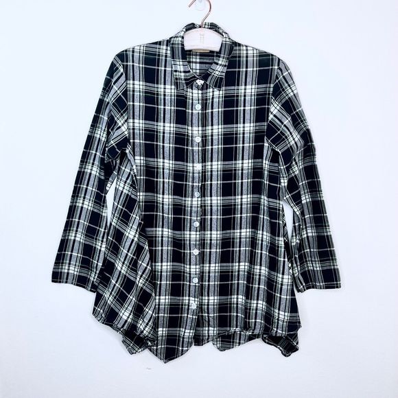 Tulip Brand Plaid Oversized Button up Tunic Top Flared Trapeze Lagenlook Small - Picture 1 of 6